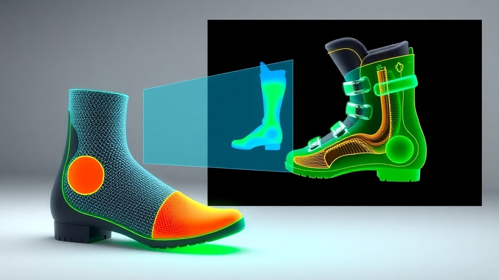 발볼 너비와 아치 높이를 정밀하게 측정하는 족형 측정 장비와 스키 부츠의 내부 단면도