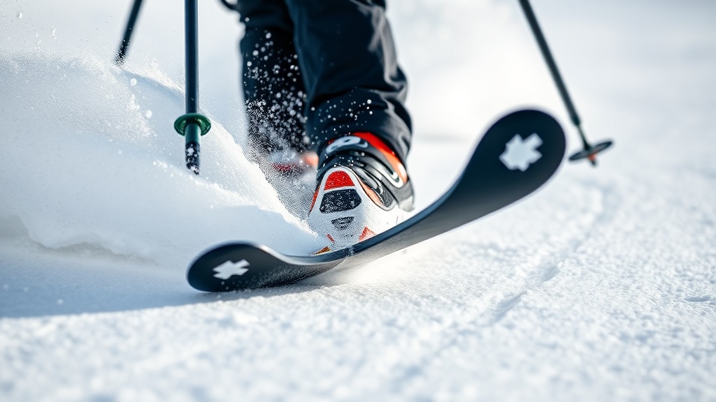 눈 덮인 슬로프에서 에지를 세우고 있는 스키 부츠의 역동적인 모습