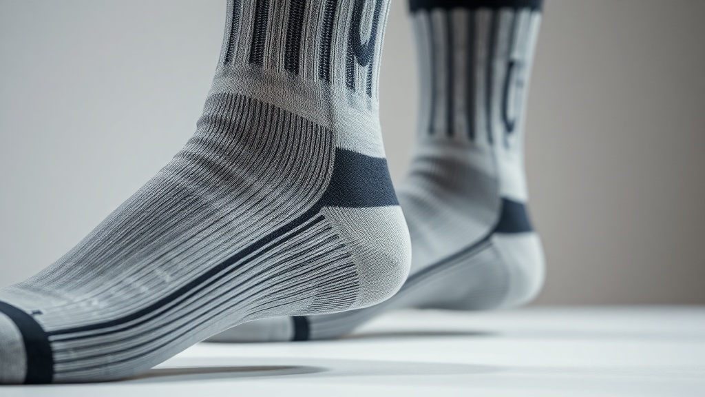 스키 전용 양말의 부위별 압박 강도와 메리노 울 소재의 질감을 보여주는 상세 이미지